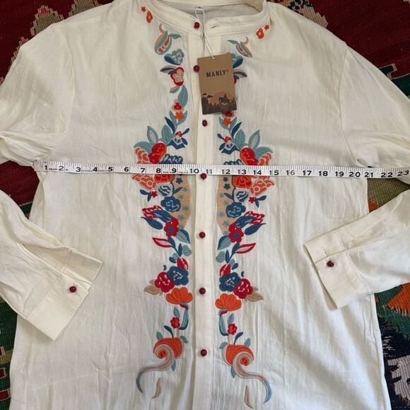 Manly/Unisex Casual Cream and Red Embroidered Button Down Shirt - Picture 9 of 13